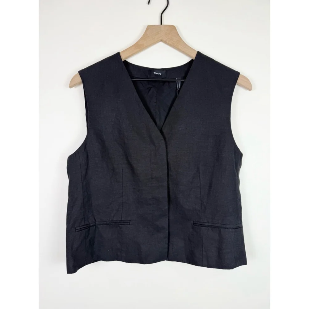 Women's NEW Theory Galena 100% Linen Black Button Up Slim Vest Medium